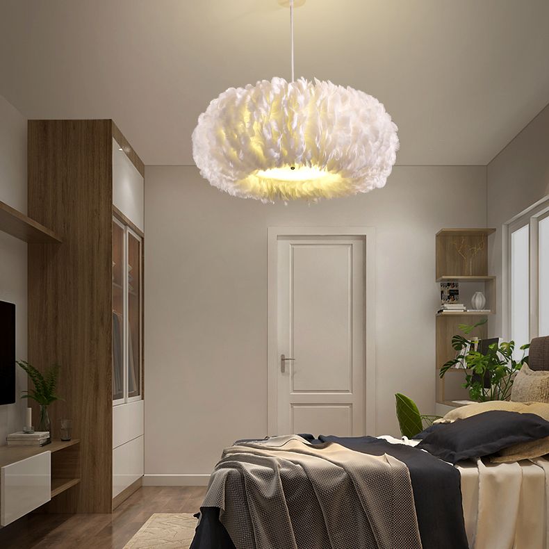 Drum Chandelier Light Fixture Modern Simplicity Feather Shade Pendant Lighting for Restaurant