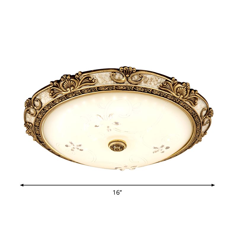 Brass LED Flushmount Light Vintage Style Cream Glass Bowl Shape Flush Lamp Fixture in Warm/White Light, 13"/16"/19.5" Wide