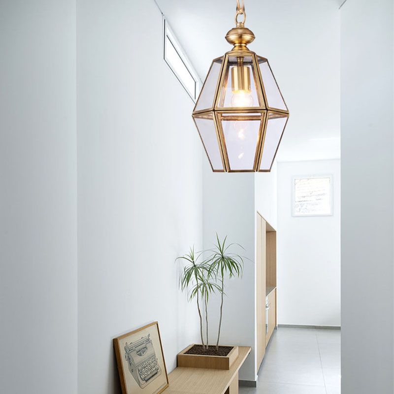 1 Bulb Ceiling Pendant Light Colonialism Living Room Hanging Lamp with Geometric Clear/Yellow Glass Shade