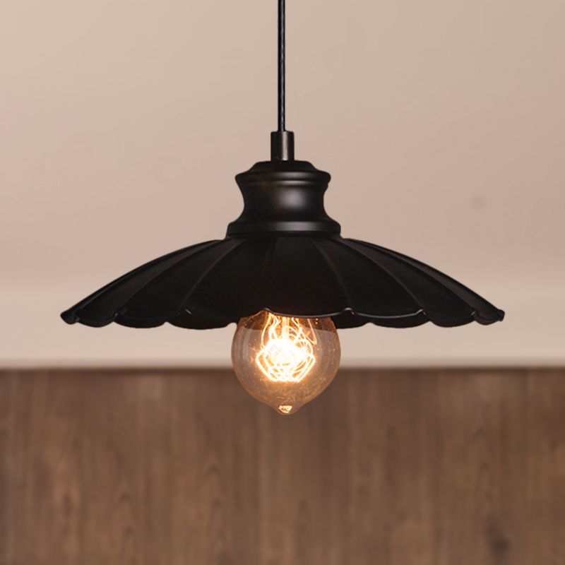 Metallic Black Pendant Lamp Scalloped Shade 1 Light Retro Style Hanging Ceiling Light for Kitchen