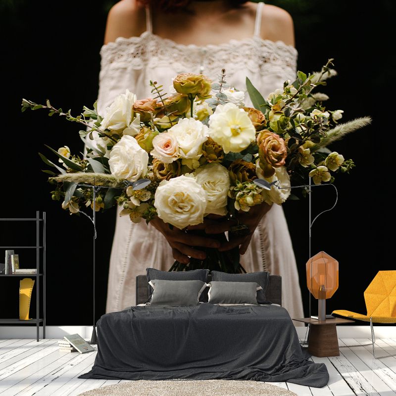 Customized Wedding Bouquet Wall Mural Horizontal Photography for Sleeping Room