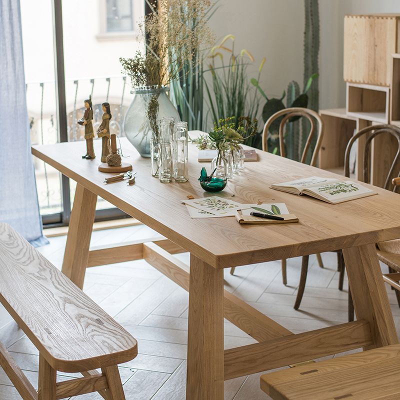Rectangle Pine Wood Dining Table Modern Table in Nature with Wooden Trestle Base