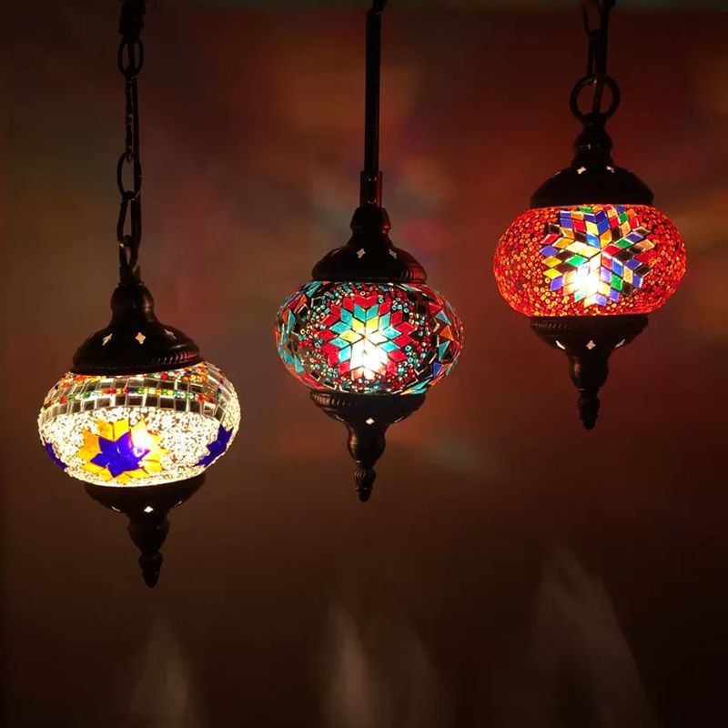 Traditional Oval Cluster Pendant Light 3 Heads Hand Cut Glass Hanging Light in Red/Yellow/Orange
