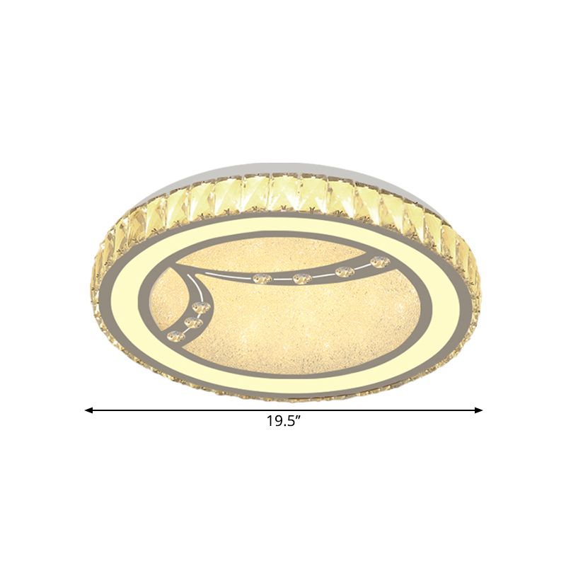 Minimalist Drum Ceiling Lamp Acrylic LED Bedroom Flush Mount Fixture with Crystal Bead Deco in Chrome, Warm/White Light