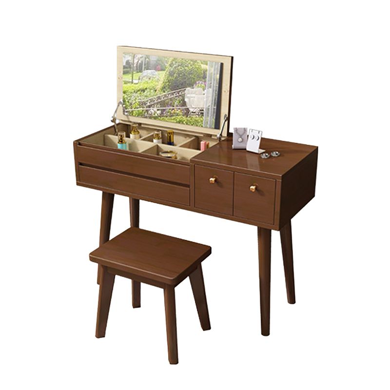 Solid Wood Mirrored Vanity Desk with 3 Drawers Flip-Top Dresser with Stool