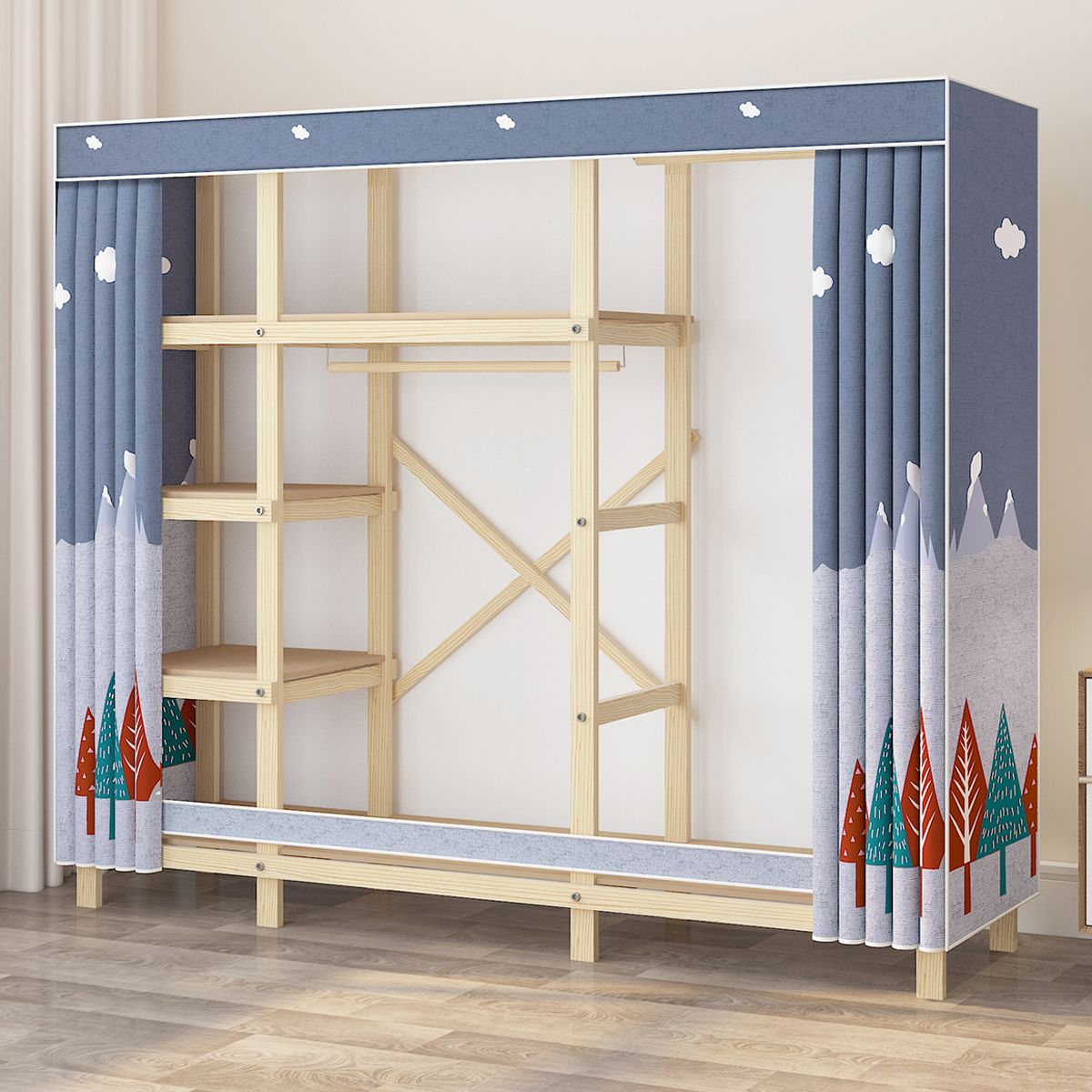 Contemporary Style Wardrobe Pine Solid Wood 1-Door Wardrobe Closet for Bedroom