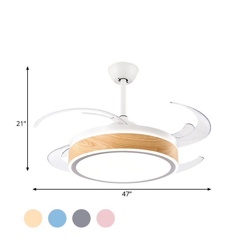 Metal Round Hanging Fan Light Simple Modern 4 Blades LED Semi Flush Mounted Lamp in Grey/Pink/Blue for Dining Room, 47" Wide