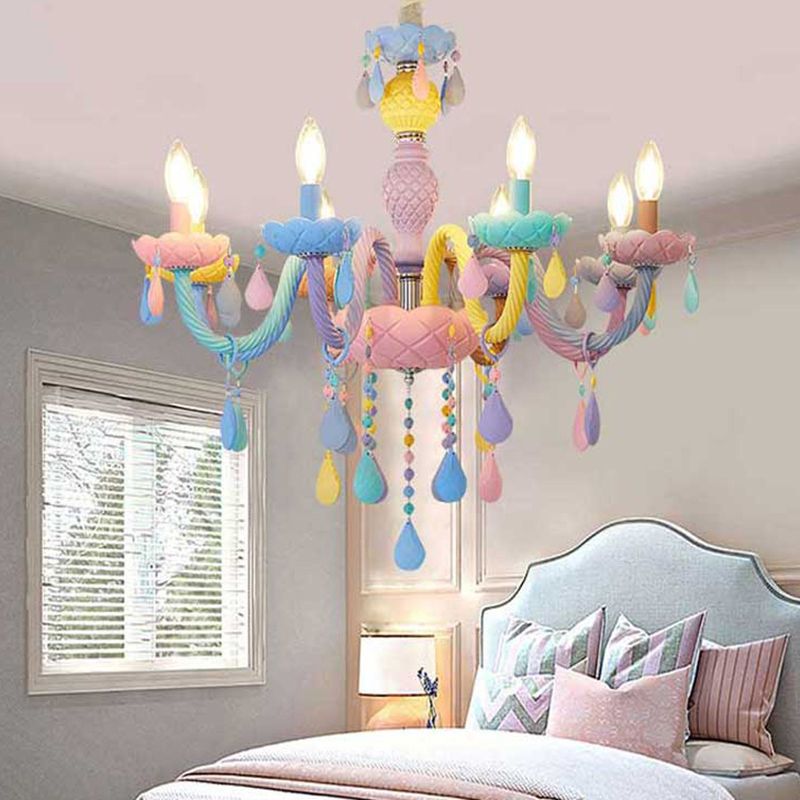 Pink Candle Style Hanging Light Kids Multicolored Glass Chandelier for Baby Room