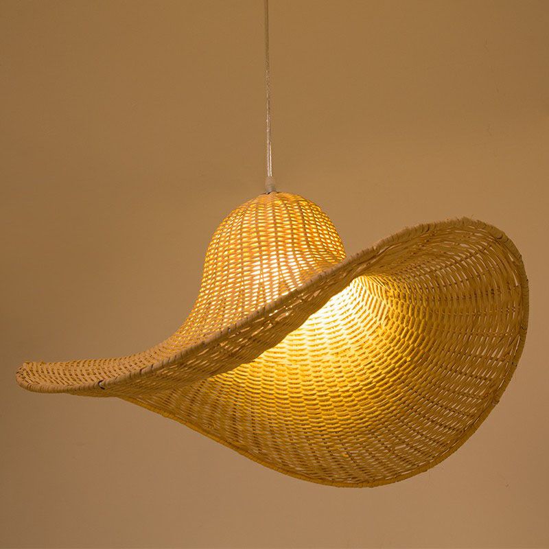 South-east Asia Straw Hat Ceiling Light Rattan Single Tea Room Hanging Pendant Light in Wood