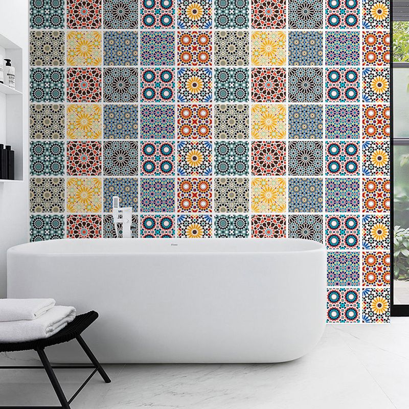 Adhesive Mandala Tiles Wallpaper Panel Set Bohemian PVC Wall Covering in Multi-Color for Bathroom