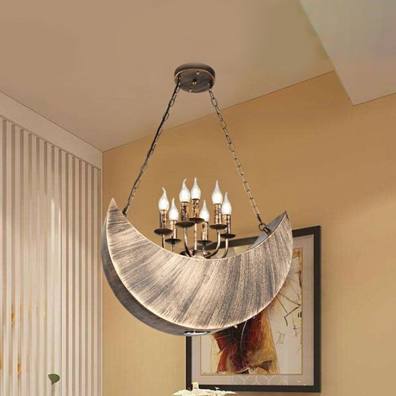 Living Room Candle Hanging Light with Crescent Deco Metal 7-Light Vintage Chandelier in Legacy Brass