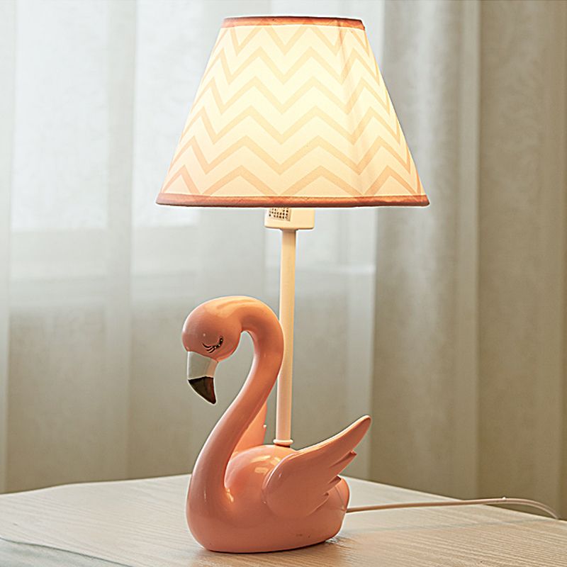 Cone Shade Bedroom Nightstand Lamp Fabric 1 Head Kid Table Lamp with Flamingo Base, Pink