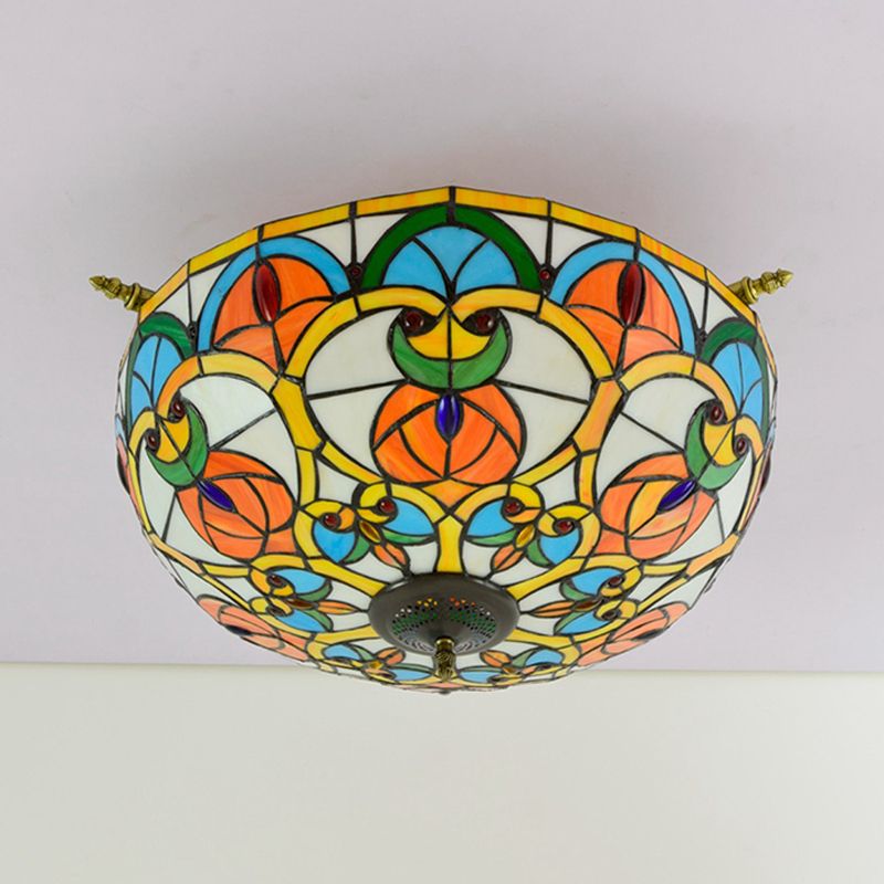 21.5"/25.5" W Brass Jewel Ceiling Lamp Baroque 5 Bulbs Multicolored Stained Glass Semi Flush Mount Lighting