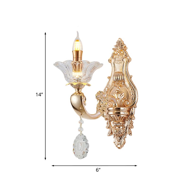 Retro Candlestick Sconce Lighting Fixture 1/2-Bulb Clear Crystal Glass Wall Mounted Light in Gold