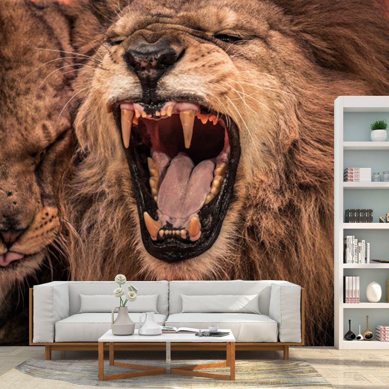 Waterproof Furious Lion Roaring Mural Modern Non-Woven Fabric Wall Covering, Custom Made