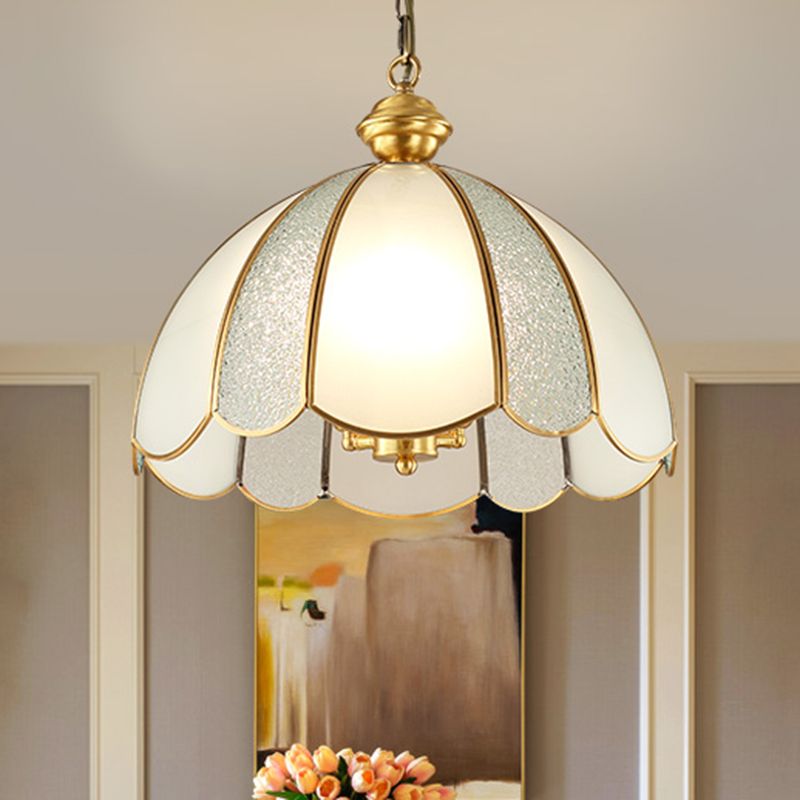 Traditional Scalloped Pendant Lighting Single-Bulb Frosted Glass Hanging Light in Gold