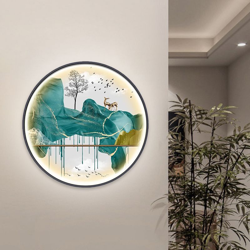 Yellow/Green Circle Wall Light Fixture Asian Style LED Fabric Wall Mural Mount Lamp with Landscape Pattern