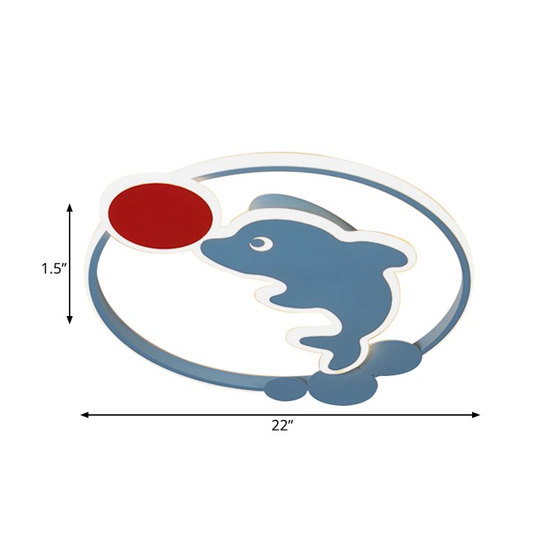 Cartoon LED Flushmount Blue and Red Dolphin Playing Ball Flush Mount Ceiling Light with Acrylic Shade in Warm/White Light