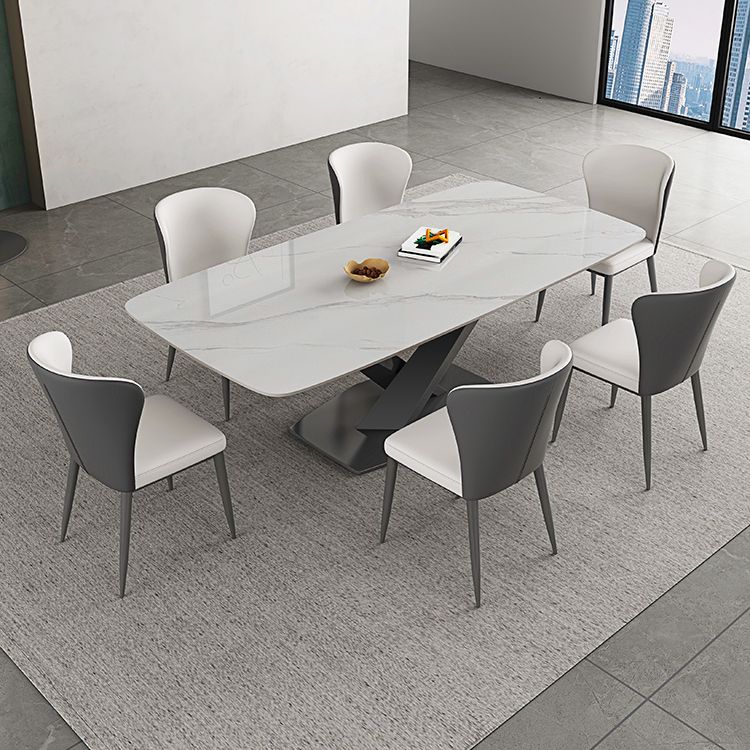 White Stone Top Dining Table Rectangular Tabletop with Metal Pedestal Base