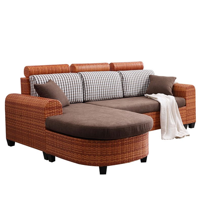 3-Seater Tropical Rattan Sofa with Chaise Brown Scroll Arm Loose Back Sofa