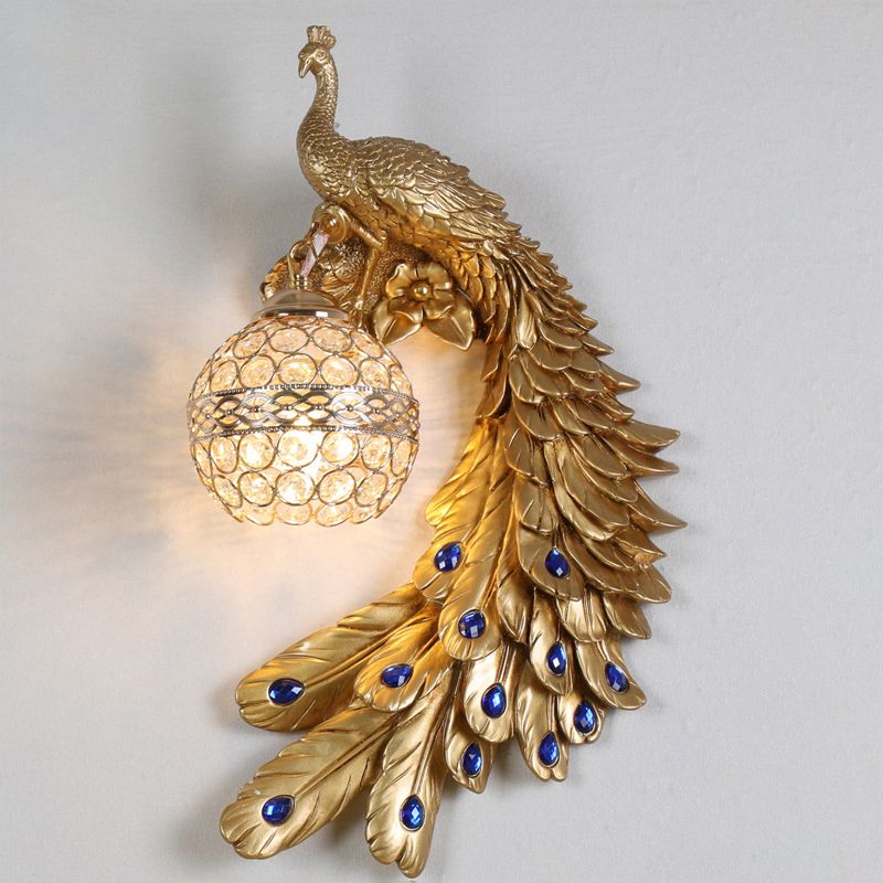 Peacock -vormige corridor wandlicht boerderij hars 1 lamp wand sconce met hemisfeer kristal schaduw