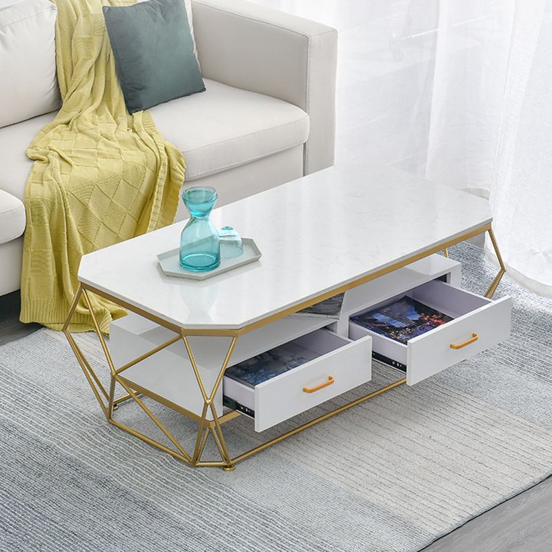 Modern Slate Geometric Coffee Table Gold Metal Frame Coffee Table with Storage