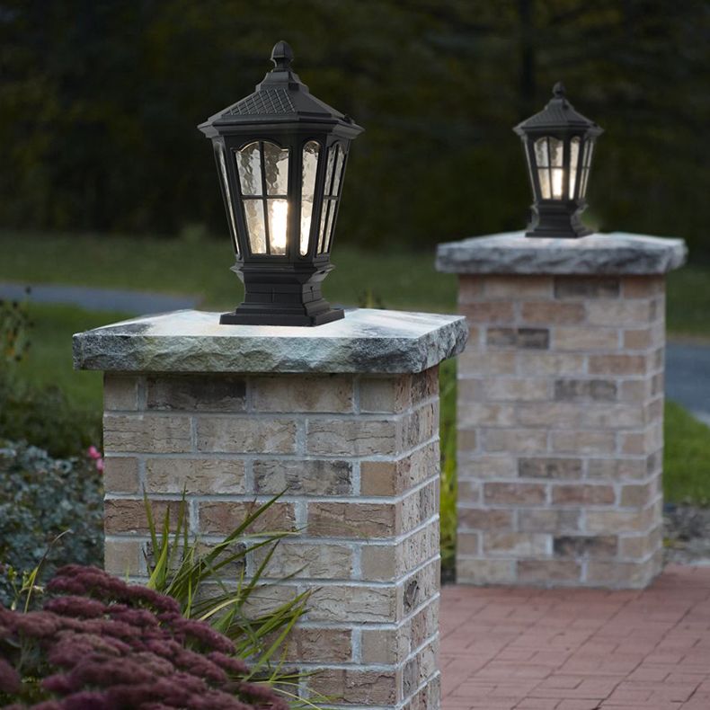 Drum Shape Metal Waterproof Pillar Lamp Modern Style 1 Light Outdoor Lights in Black