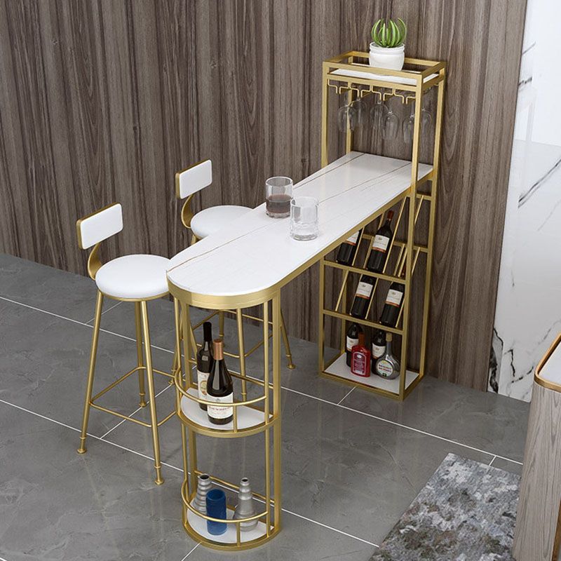 Stone Indoor Glam Bar Dining Table Metal Double Pedestal Bistro Table with Wine Rack