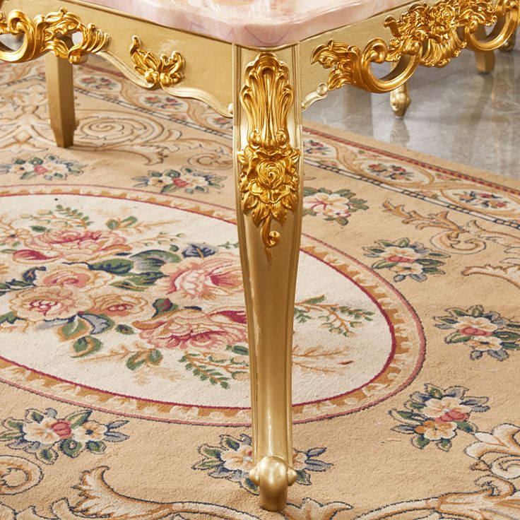 Solid Wood Victorian Rectangular Dining Table Marble Top Table with 4 Legs