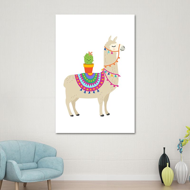 Kids Cute Alpaca Wrapped Canvas for Children Bedroom Wall Art Decor in White, Multiple Sizes