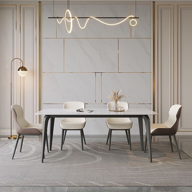 Industrial Rectangle Dining Table White Stone Top Dinette Table with Metal Legs