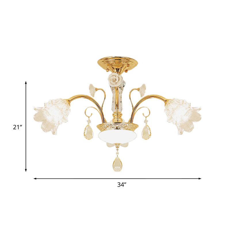 Flower Dining Room Chandelier Lamp Mid Century Clear Glass 3/6-Bulb Gold Pendant with Crystal Accent