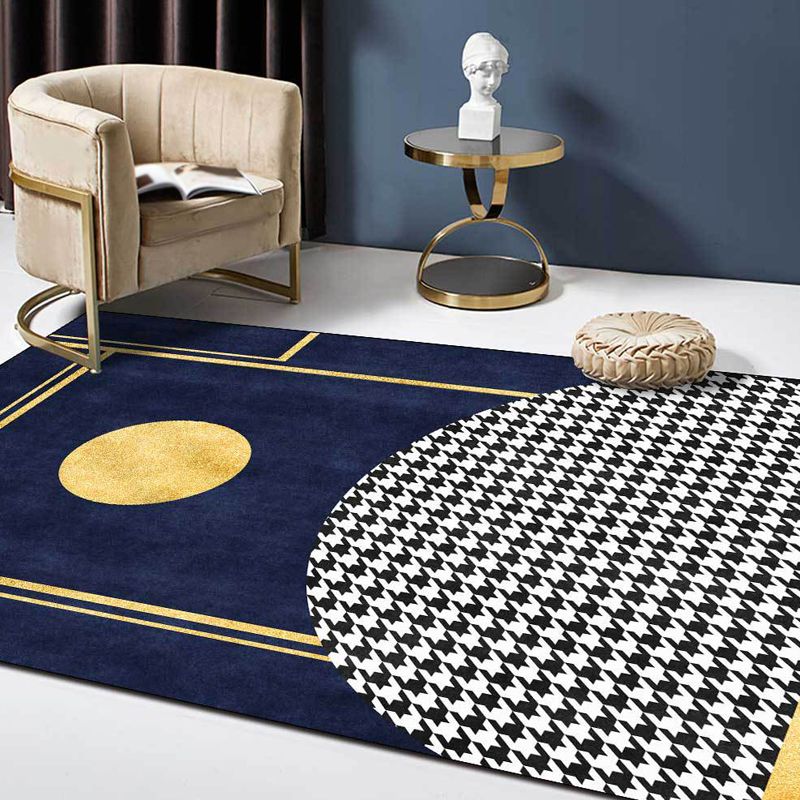 Blue Geometric Pattern Rug with Houndstooth Polyester Minimalist Rug Pet Friendly Washable Non-Slip Area Rug for Living Room