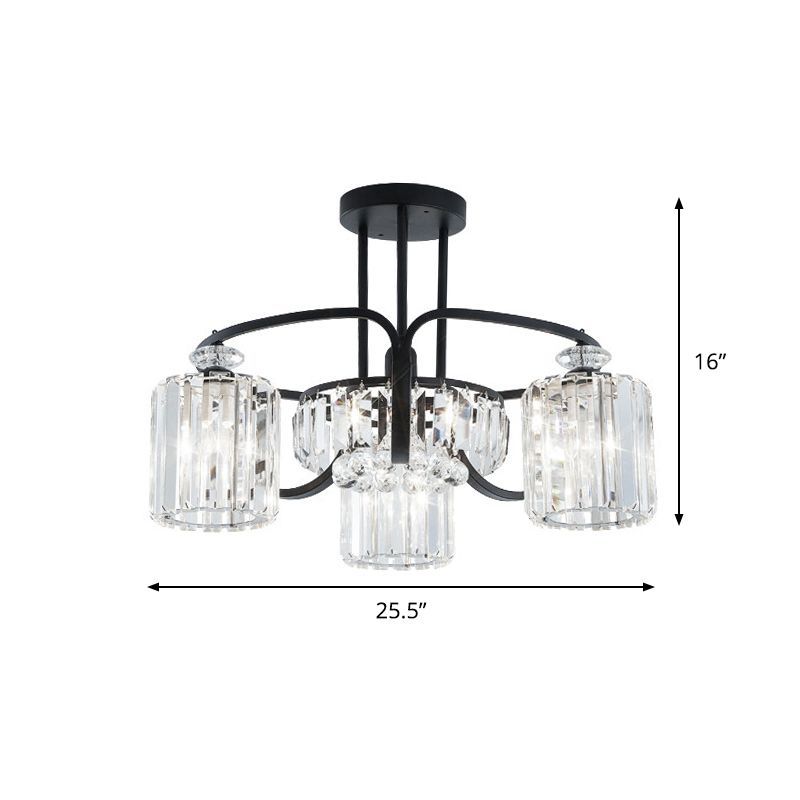 4/8 têtes salle à manger d'éclairage semi-montage luminaire de lampe de plafond noir moderne avec nuance cylindrique en cas de cristal clair