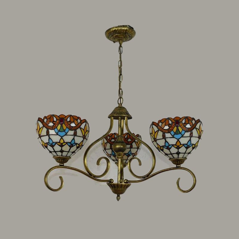 Domed Shaped Hanging Chandelier 3/6/8 Lights Stained Glass Tiffany Pendant Lighting Fixture in Antique Brass