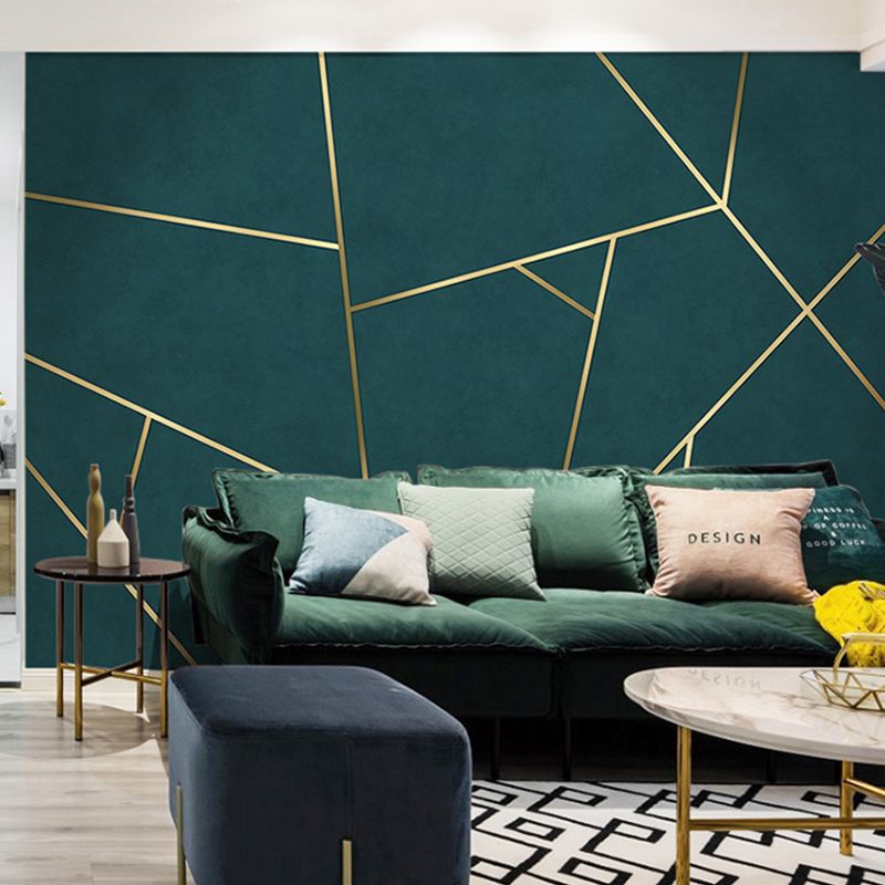 Simple Line and Geometries Mural Wallpaper for Home Decoration, Extra Large Wall Art in Dark Green and Gold