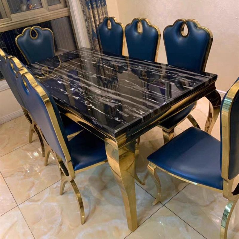 Marble Dining Table Luxury Style 4 Legs Metallic Base Rectangle Table for Home