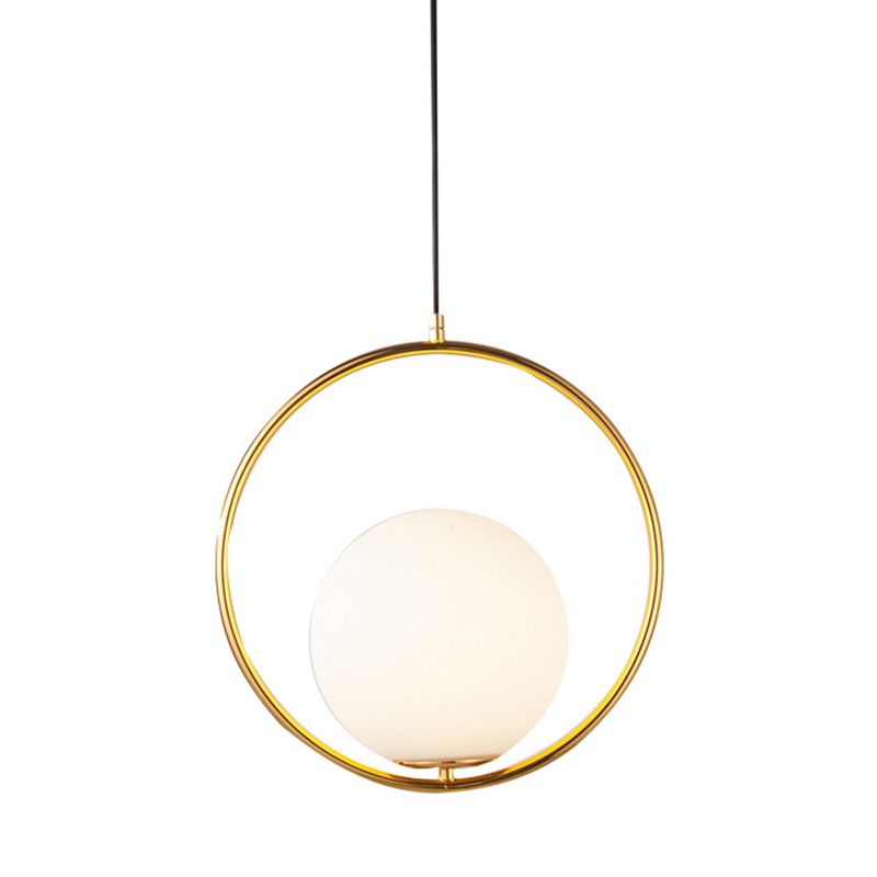 Gold 1 Light Round Metal Pendant Light Contemporary Opal Frosted Glass Shade Bedroom Hanging Lamp