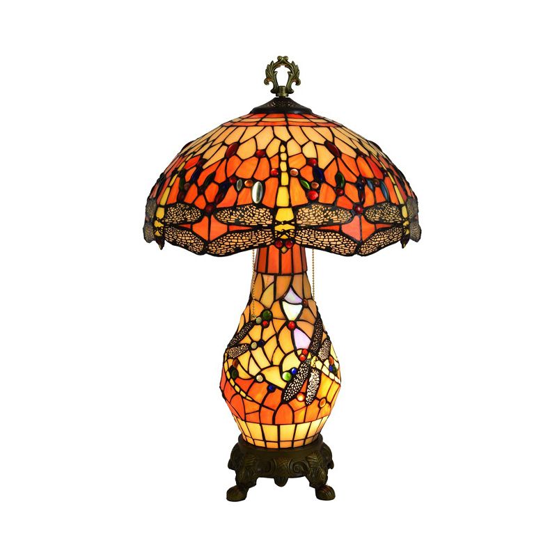 3 Bulbs Mushroom Shaped Nightstand Lamp Vintage Orange Stained Glass Table Light with Dragonfly Pattern