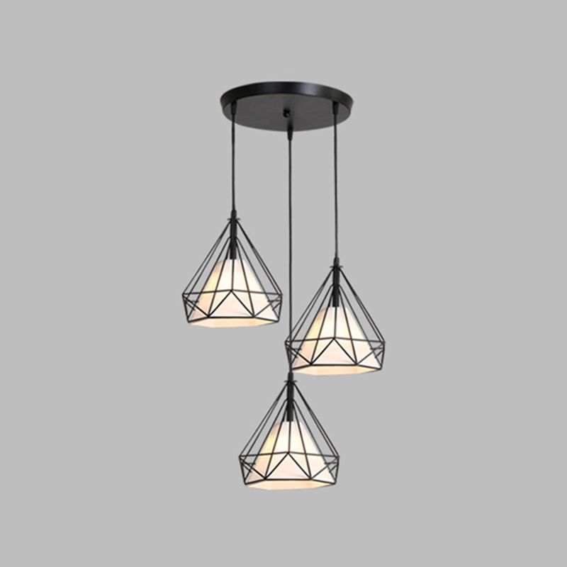 3 luci Diamond Cage Multi Pendants Luce a soffitto in metallo industriale con corda sospesa per il corridoio