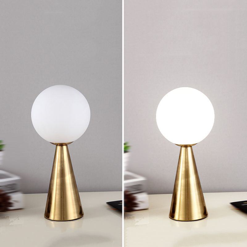 Conical Table Lamp Postmodern 1-Light Metal Night Light with Ball White Glass Shade