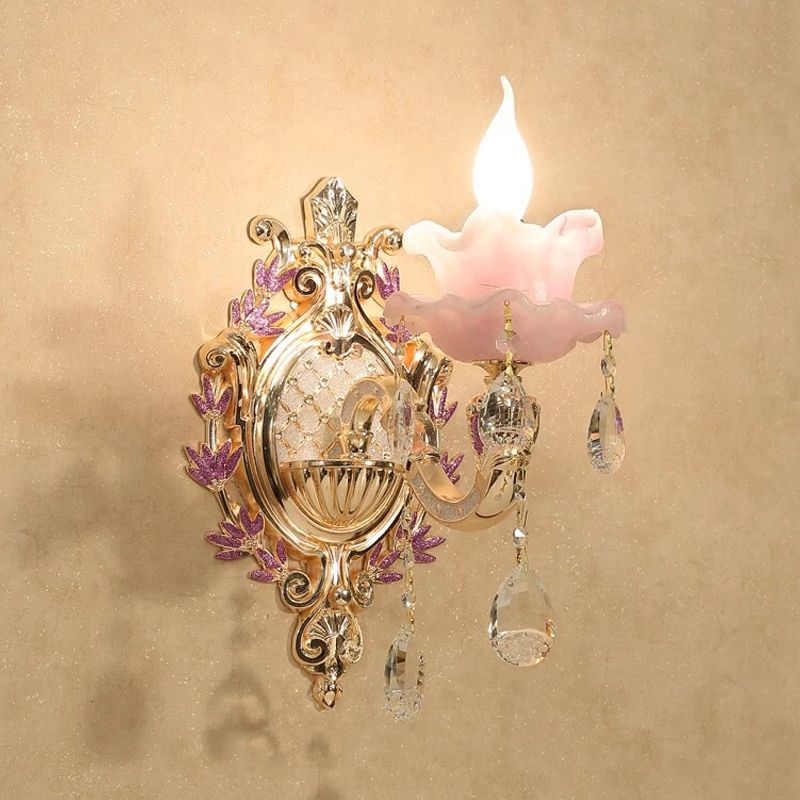 Ruffle Purple Glass Glasce Lamp Countryside 1/2-Light Liver Room Mur Mount Éclairage avec K9 Crystal Drop