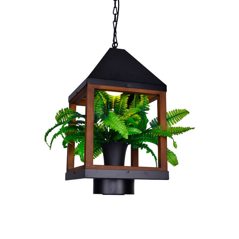 1 Bulb Pavilion Pendant Lamp Factory Black Metallic Hanging Light Fixture with Bonsai for Dining Room
