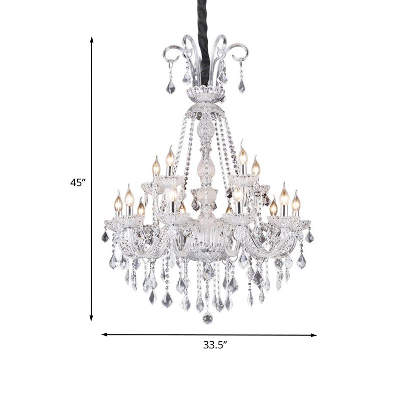 Clear Glass Candelabra Chandelier Lamp Retro 15 Bulbs Living Room Suspension Light with Crystal Drop