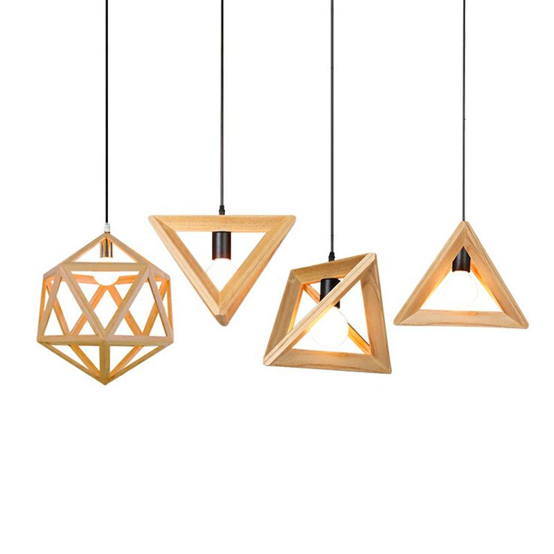 Wooden Geometric Cage Pendant Lamp Novelty Minimalist Single Ceiling Light Fixture for Restaurant