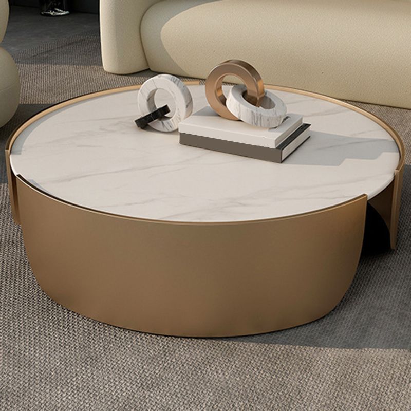 Luxurious Metal Drum Coffee Table Round Stone Top Cocktail Table