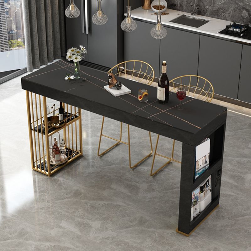 Glam Sintered Stone Bistro Bar Table Rectangle Metal Base Bar Table with Shelves