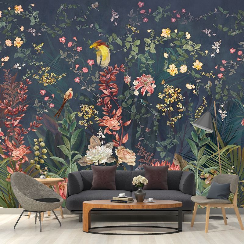 Big Wall Decor Dense Flower and Stem Mural Wallpaper for Accent Wall, Pastel Green, Custom-Made