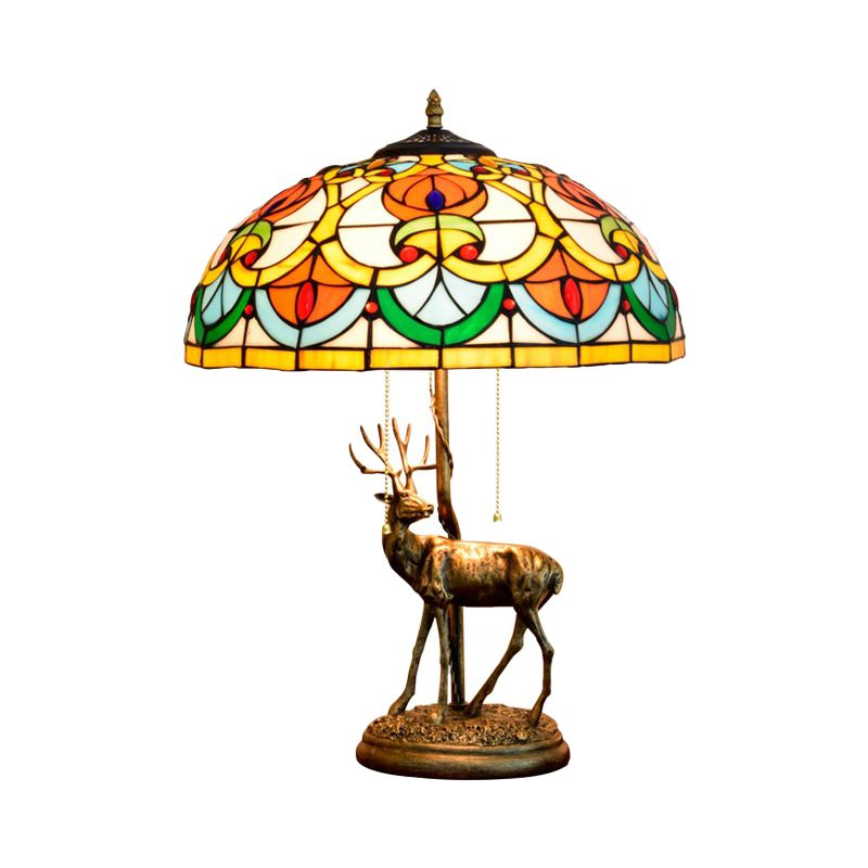 Cut Glass Yellow/Orange Night Light Hand-Worked Peach/Geometric 2-Light Tiffany Table Lamp with Elk Statue and Pull Chain Switch