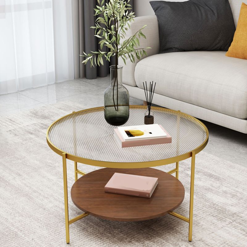 Round Glass Cross Legs Coffee Cocktail Table with Storage Shelf - 17.7" H